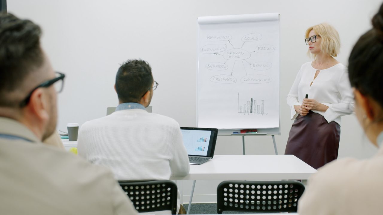Business meeting with focus on strategic models presented on a flipchart.